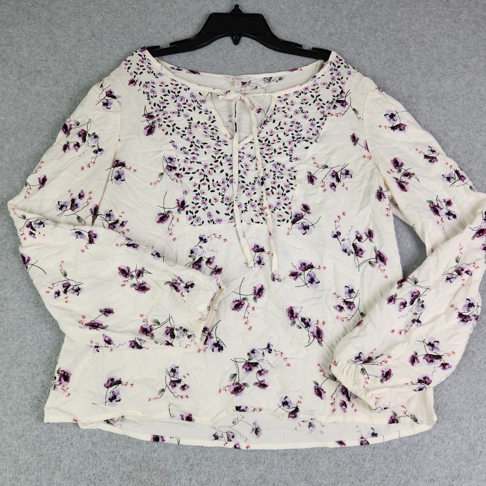 Candie's Blouse Top Womens Medium Cream Purple Floral Rayon Boho Tassel Tie Neck